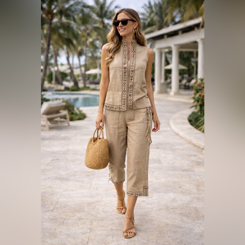 Malcolm & Co Linen Embellished Tan Two-Piece Set